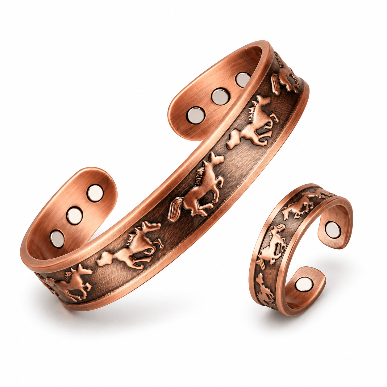 Adjustable Ultra Strength Pure Copper Magnetic Bracelet & Ring Set  (99.99% Copper) Embossed Running Horse Design
