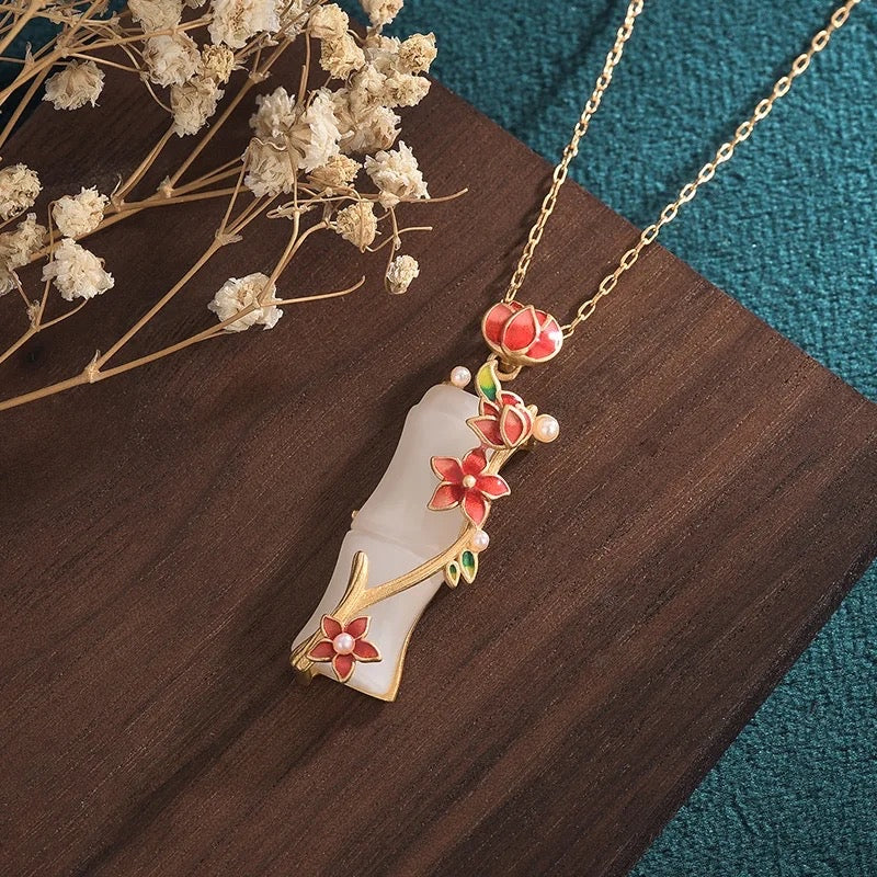 Bamboo Floral White Jade Necklace