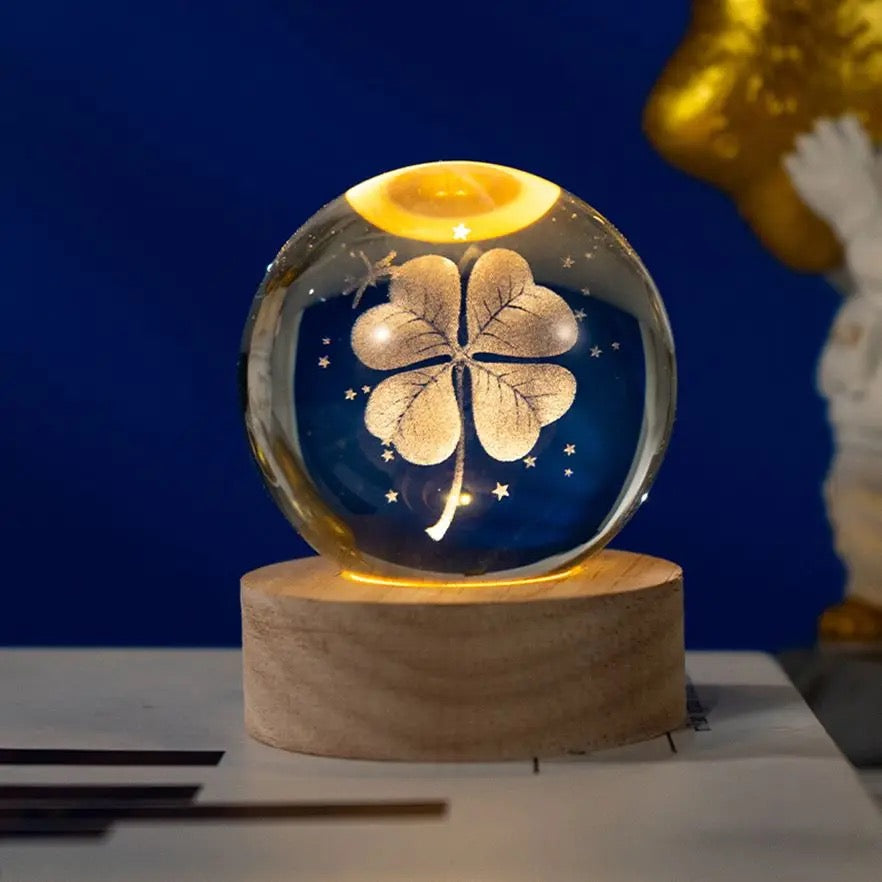 3D Laser Engraved 8cm Glass Crystal Ball Lamp (Lucky 4-Leaf Clover )