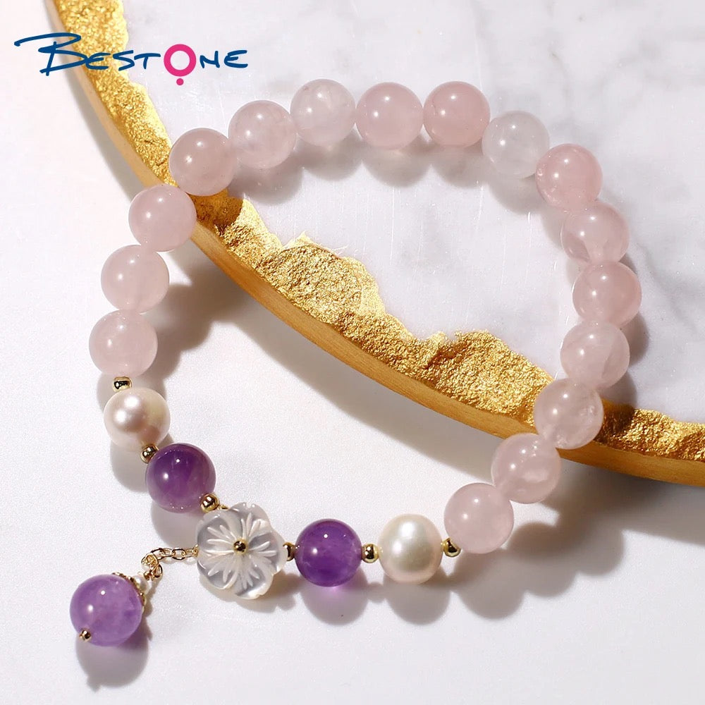 Rose Quartz Fresh Water Pearl & Amethyst Floral Charm Bracelet (8mm)