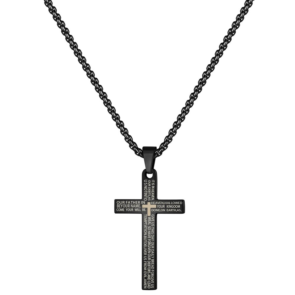 Stainless Steel Christian Cross Necklace With “Our Father Prayer” Engraved