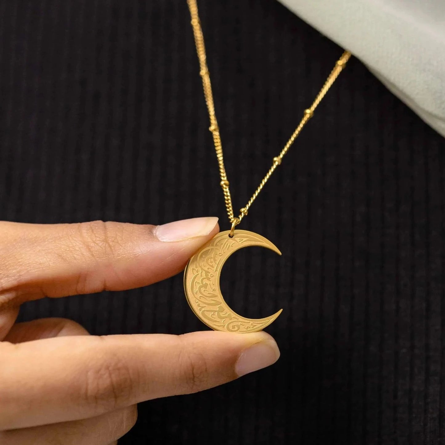 Stainless Steel Islamic "With Hardship Comes Ease" | Crescent Necklace