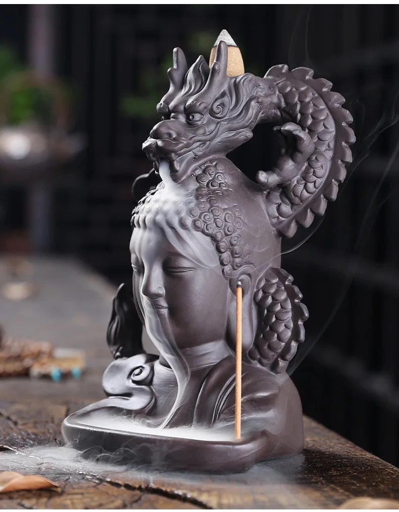 Buddha & Deagon Incense Holder + 10 Free Back-Flow Incense