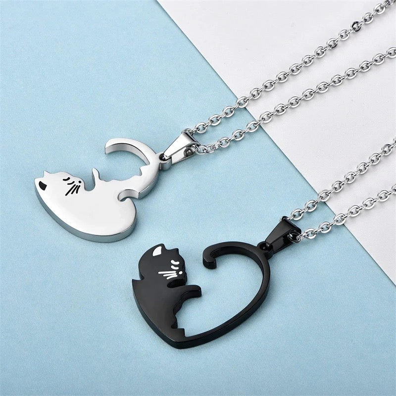 Stainless Steel Couples Heart Distance Cat Necklace 2pc