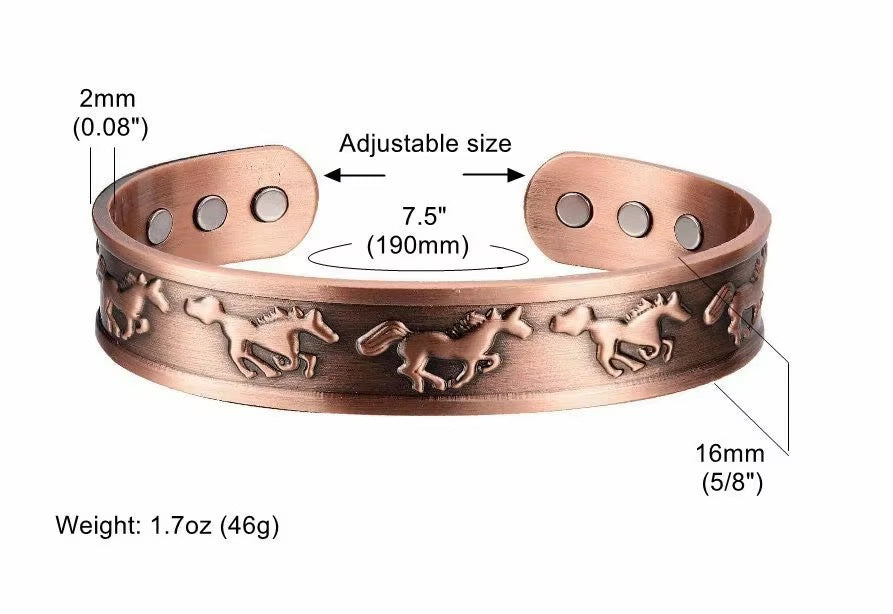 Adjustable Ultra Strength Pure Copper Magnetic Bracelet & Ring Set  (99.99% Copper) Embossed Running Horse Design