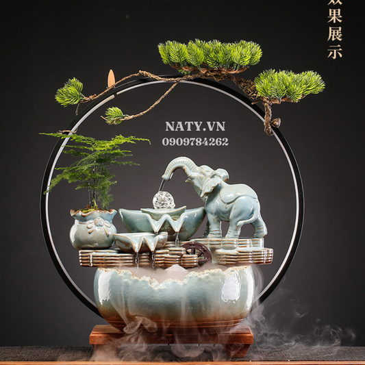 Feng Shui Elephant Crystal Ball Back-Flow Incense Holder & Waterfall Mist Maker with Ring Light Ornamental Set