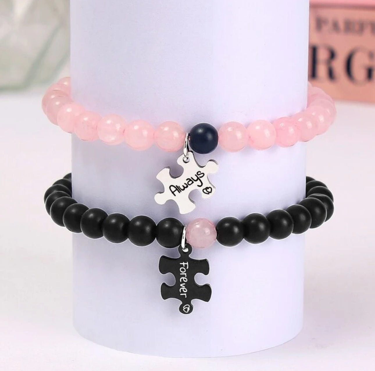 “Always Forever” Stainless Steel Puzzle Charm Distance Bracelets 2pc