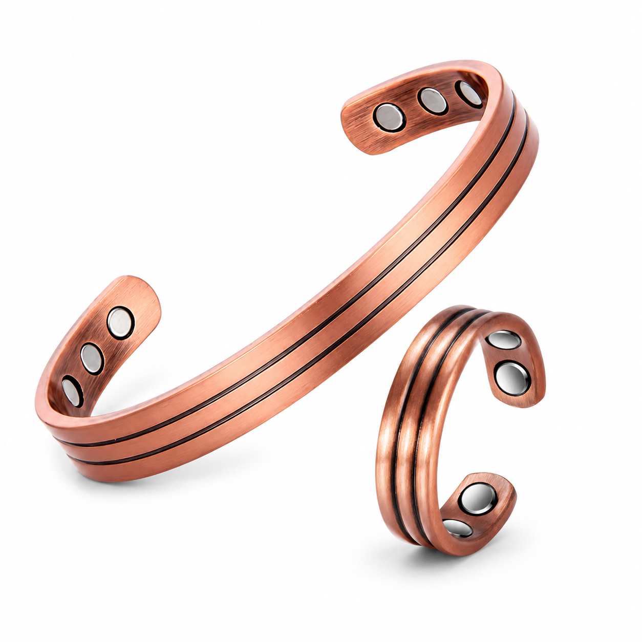 Adjustable Ultra Strength Pure Copper Magnetic Bracelet & Ring Set  (99.99% Copper)