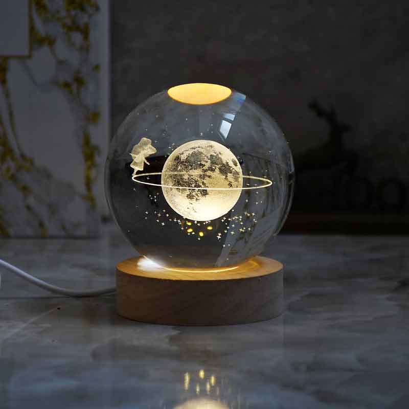 3D Laser Engraved Glass Crystal Ball Lamp Universe Astronomy Decor (Lady on Neptune Rings)