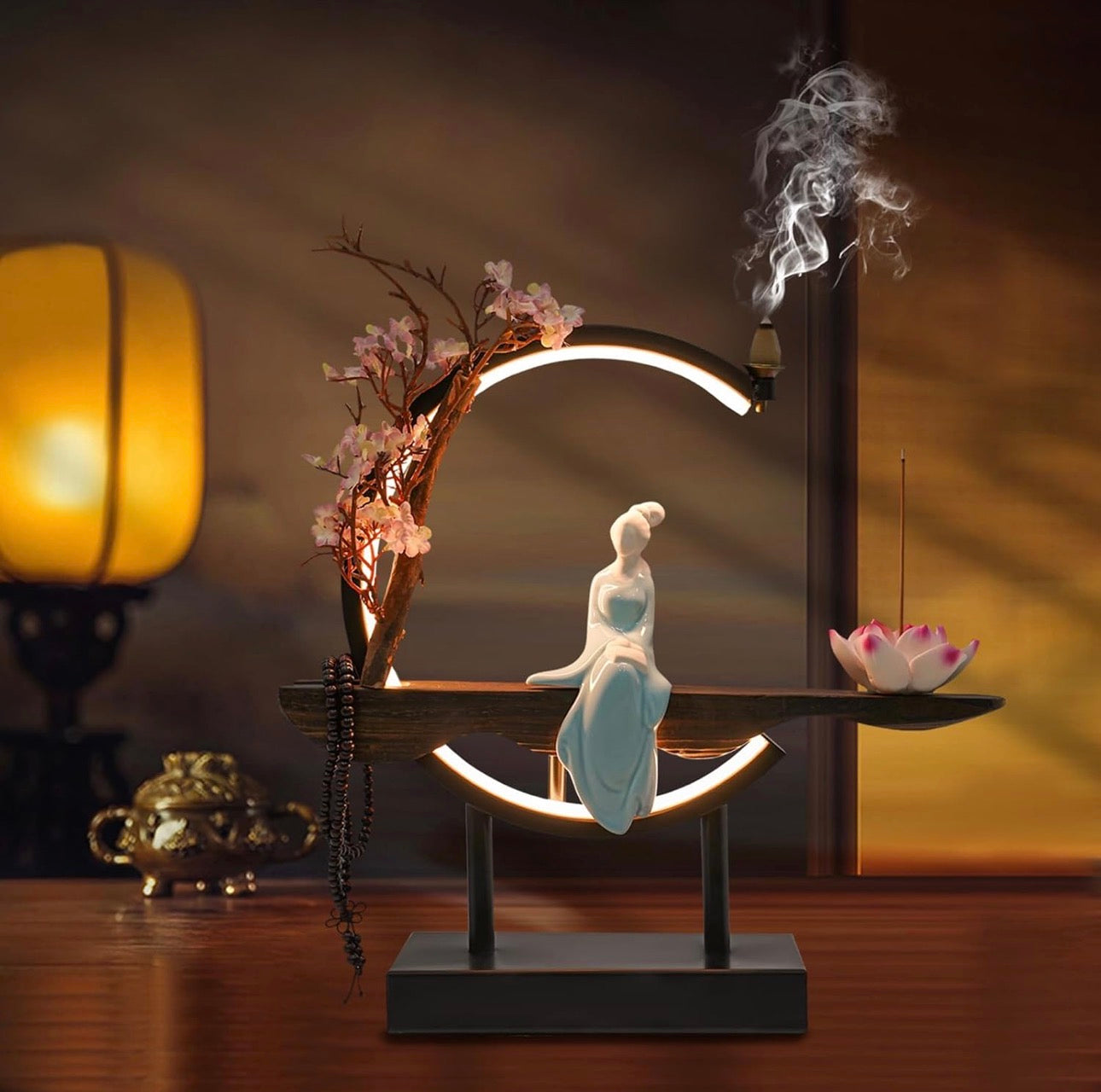 Buddha Back-Flow Incense Holder with Cherry Blossom Floral & Ring Light Ornamental Set