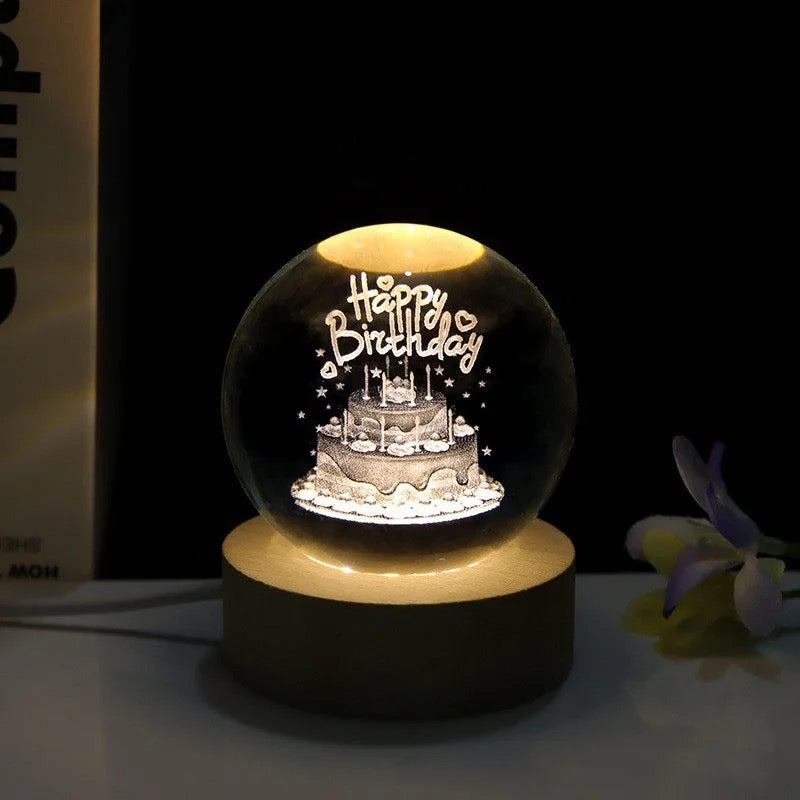 3D Laser Engraved 8cm Glass Crystal Ball Lamp (Happy Birthday)