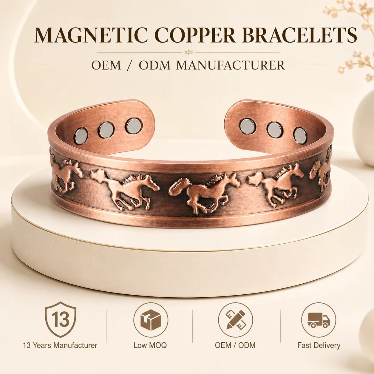 Adjustable Ultra Strength Pure Copper Magnetic Bracelet & Ring Set  (99.99% Copper) Embossed Running Horse Design