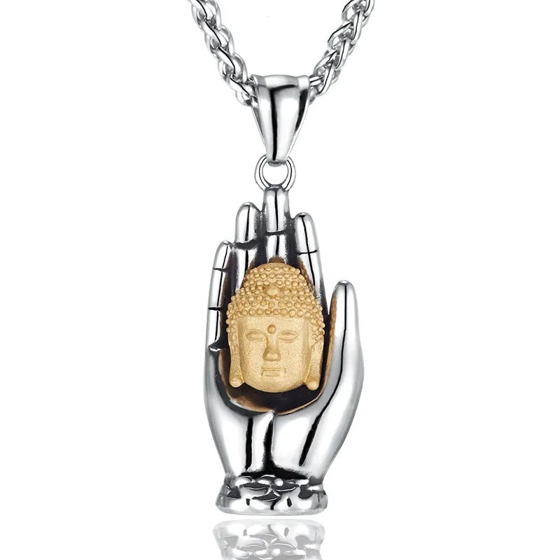 Stainless Steel Buddha Head In Hand Necklace