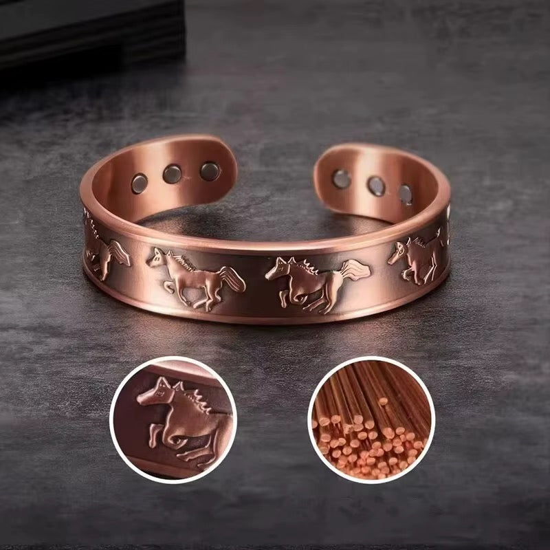 Adjustable Ultra Strength Pure Copper Magnetic Bracelet & Ring Set  (99.99% Copper) Embossed Running Horse Design