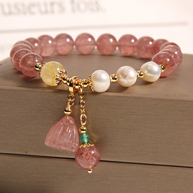 Strawberry Quartz Freshwater Pearl Charm Bracelet (8mm)