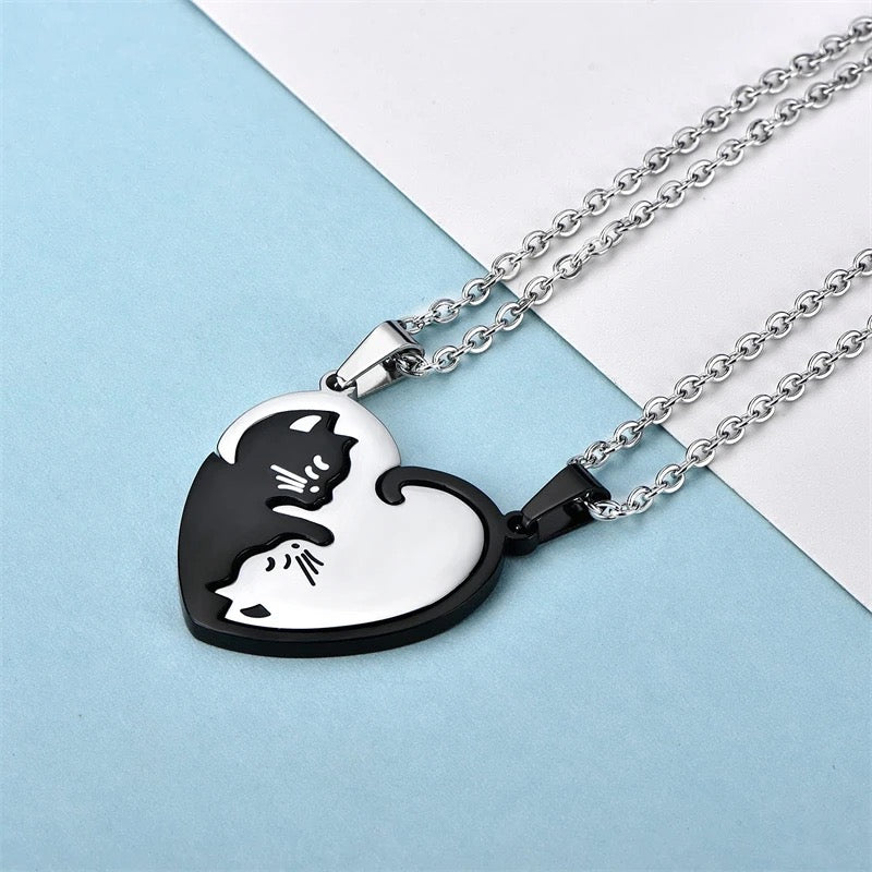 Stainless Steel Couples Heart Distance Cat Necklace 2pc