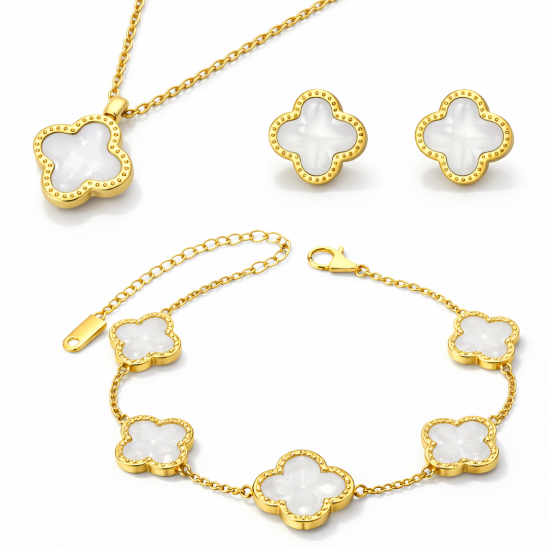 High Quality Stainless Steel Van Cleef Inspired Clover 3pc Set (Pearl White)