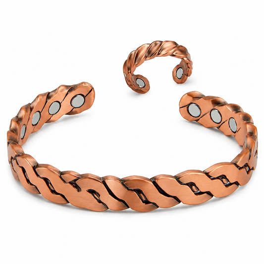 Adjustable Ultra Strength Pure Copper Magnetic Bracelet & Ring Set  (99.99% Copper)
