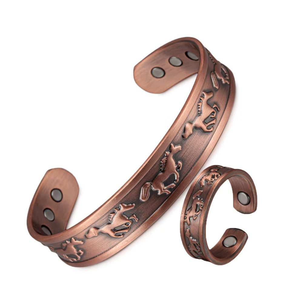 Adjustable Ultra Strength Pure Copper Magnetic Bracelet & Ring Set  (99.99% Copper) Embossed Running Horse Design