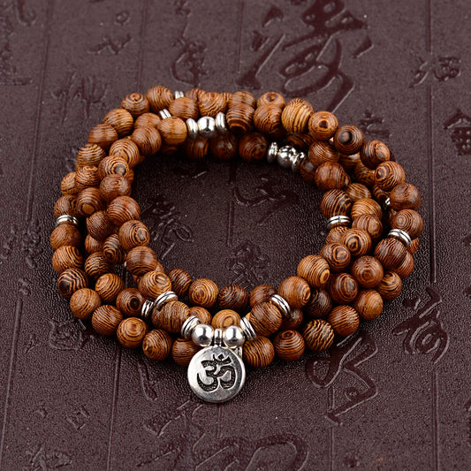 Multilayer Wooden 108 Bead Prayer Mala Necklace + OM Charm (8mm)