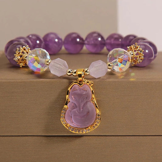 Natural Amethyst Zircon Fox Charm Bracelet (10mm Beads)