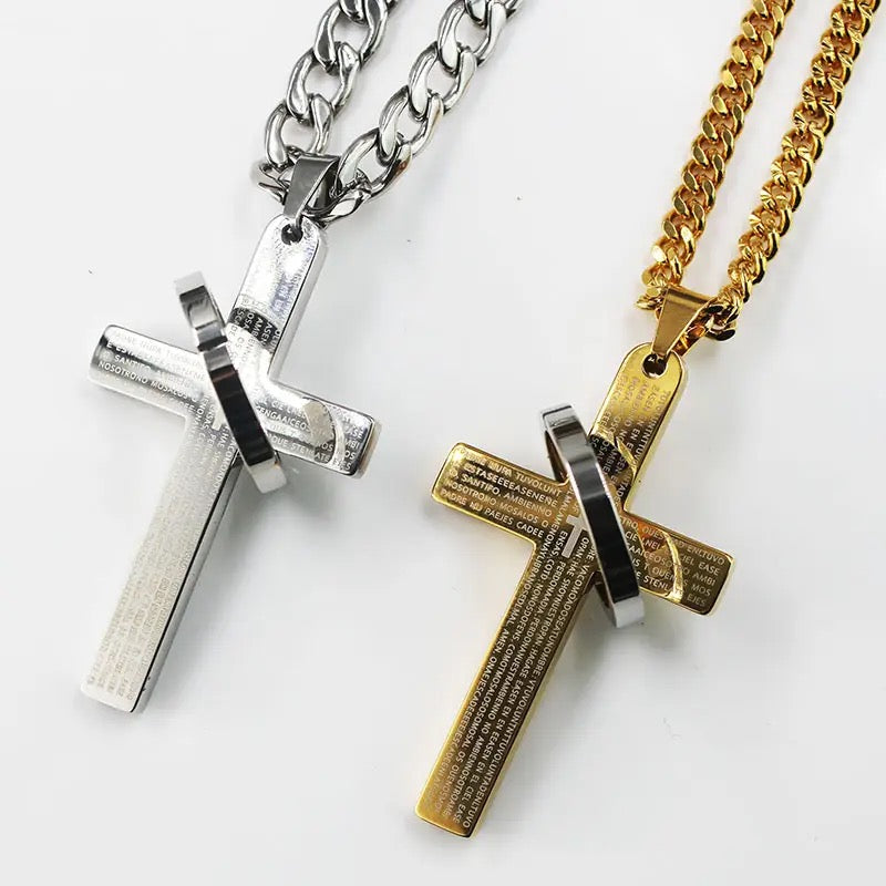 Stainless Steel Christian Cross Necklace- “Our Father” Prayer Engraved