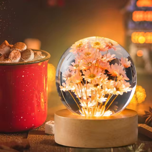 8cm Eternal Flower Sphere Lamp with LED Wooden Light Base, USB (Red & White Daisy)