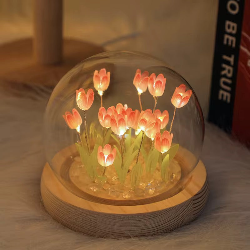 Romantic Tulip Lamp With Wooden Base & Glass Dome - Battery Powered
