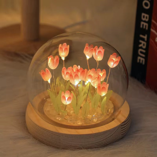 Romantic Tulip Lamp With Wooden Base & Glass Dome - Battery Powered