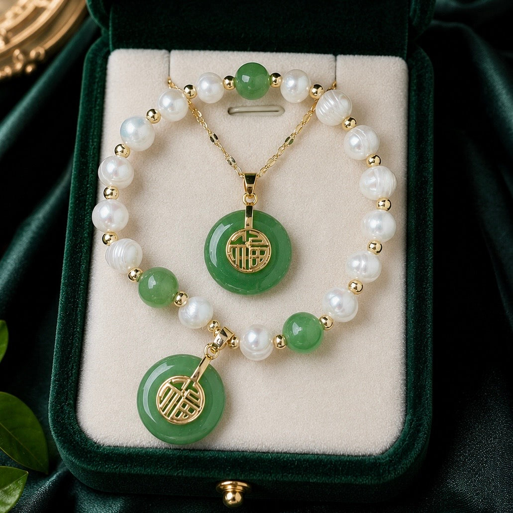 Chinese-Style Fresh Water Pearl Lucky Blessings Jade 2pc Set