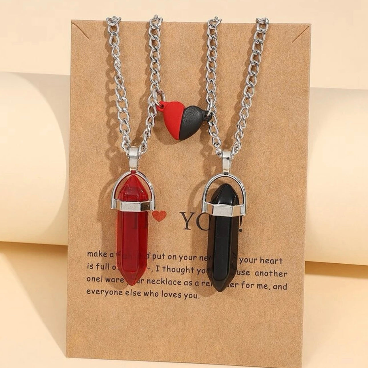 Stainless Steel 2pcs Couple Magnetic Heart & Geometric Crystal Necklace