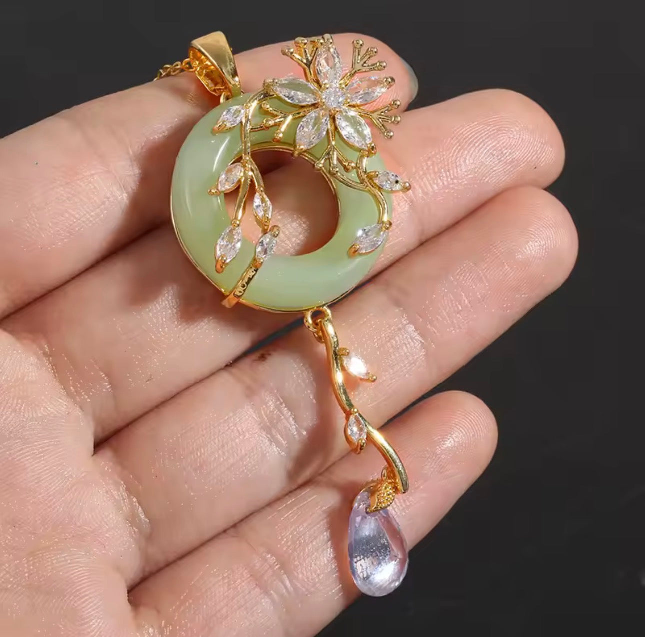 Stainless Steel Zircon Vine Flower Jade Necklace