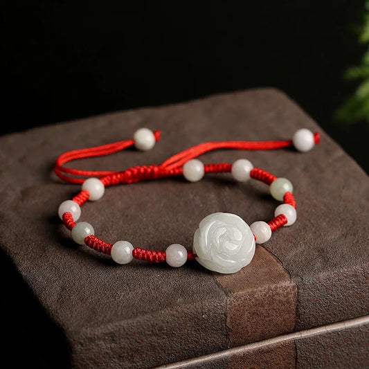 Natural Hetian Jade Chinese Lucky Red String Adjustable Bracelet