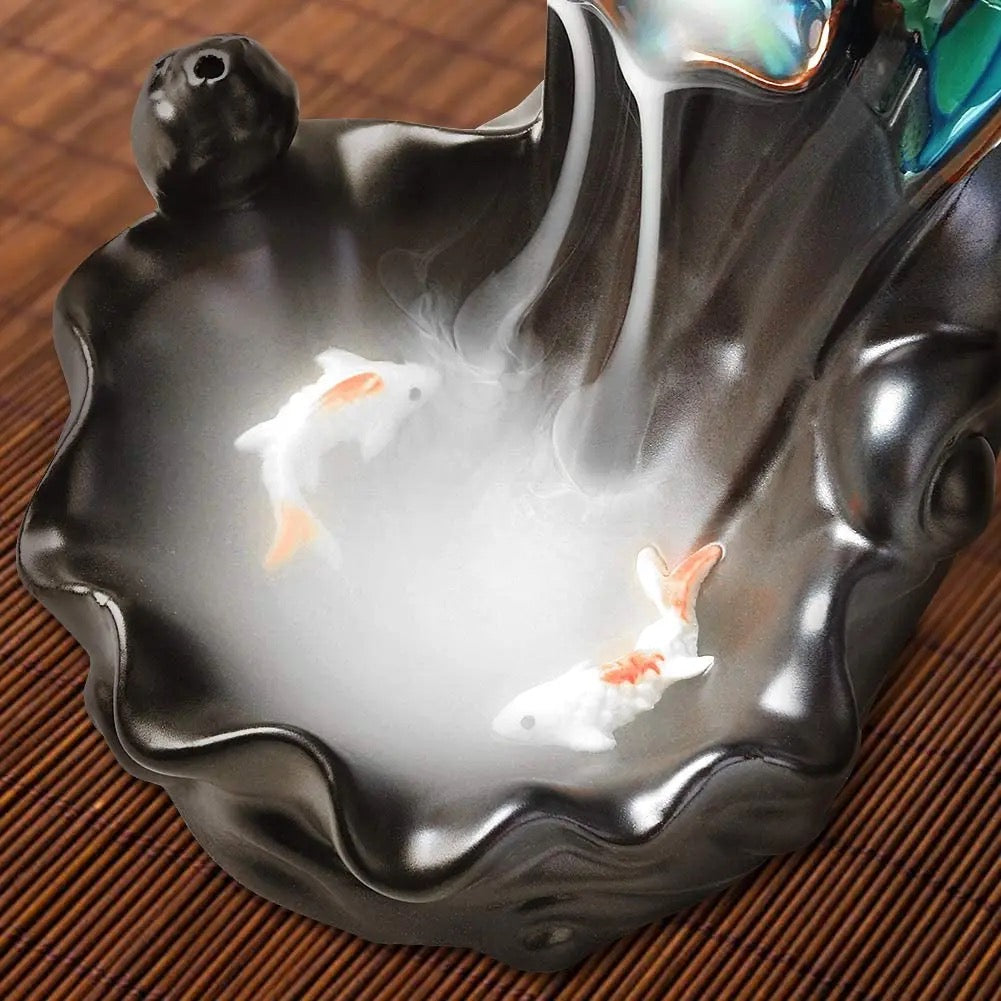 Fountain Koi Pond Designed Back-Flow Incense Holder + 10 Free Incense Cones