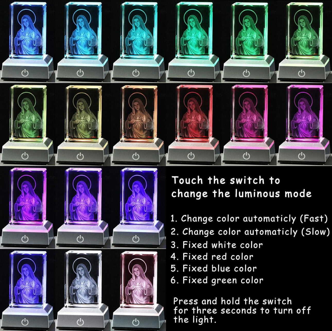 K9 Glass Crystal 3D Laser Engraved Virgin Mary Lamp