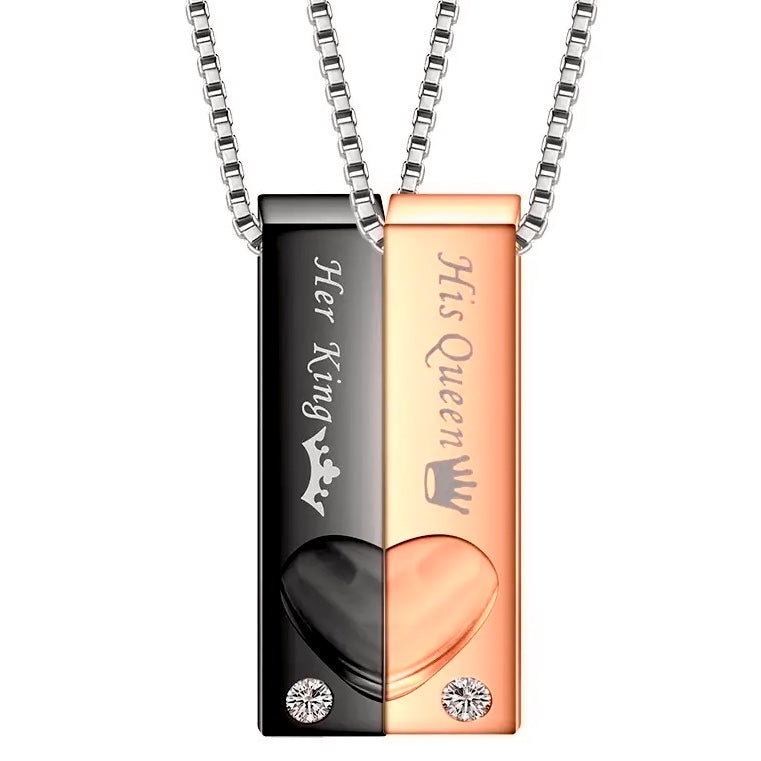 Stainless Steel King & Queen Distance Couple Necklaces 2pc