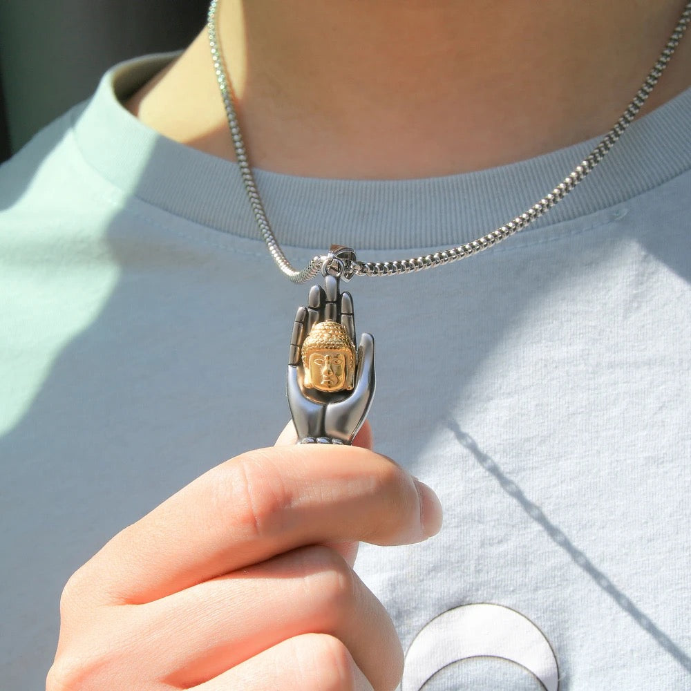 Stainless Steel Buddha Head In Hand Necklace