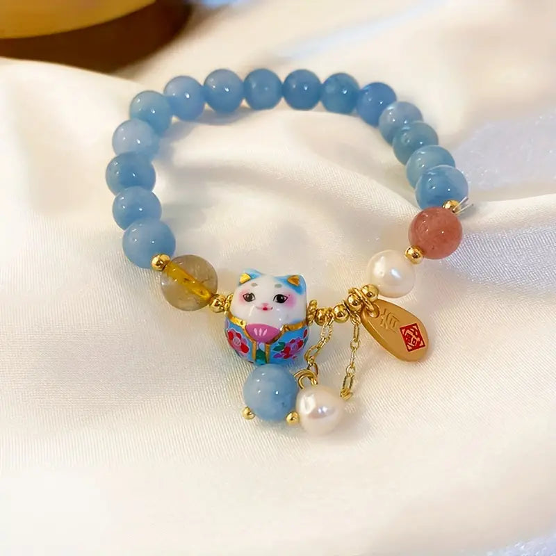 Crystal Blue Agate Lucky Cat Charm Bracelet (8mm)