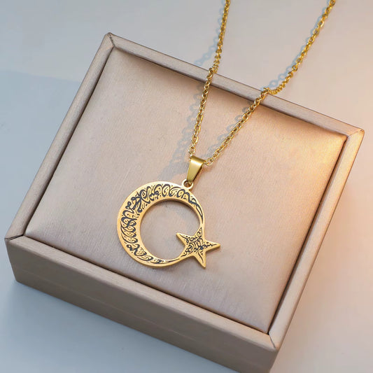 Ayatul Kursi Crescent Moon & Star Stainless Steel Necklace