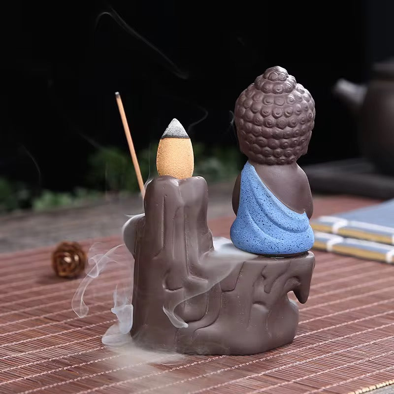 Ceramic Mini Buddha Designed Back-Flow Incense Holder + 10 Free Incense Cones