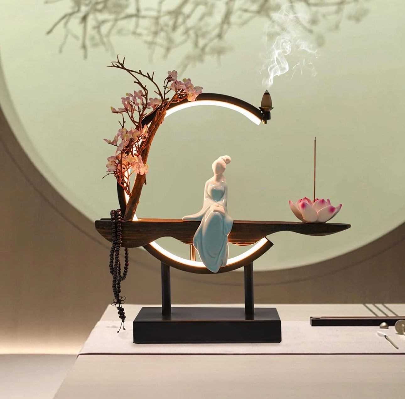 Buddha Back-Flow Incense Holder with Cherry Blossom Floral & Ring Light Ornamental Set