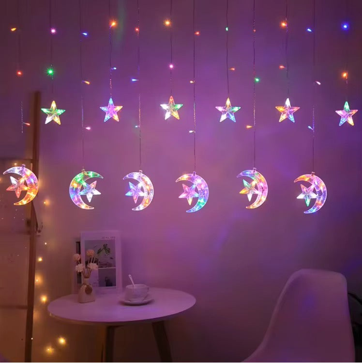 Decorative LED Curtain String Lights – Moon & Star Combined Design | RGB & Warm Yellow
