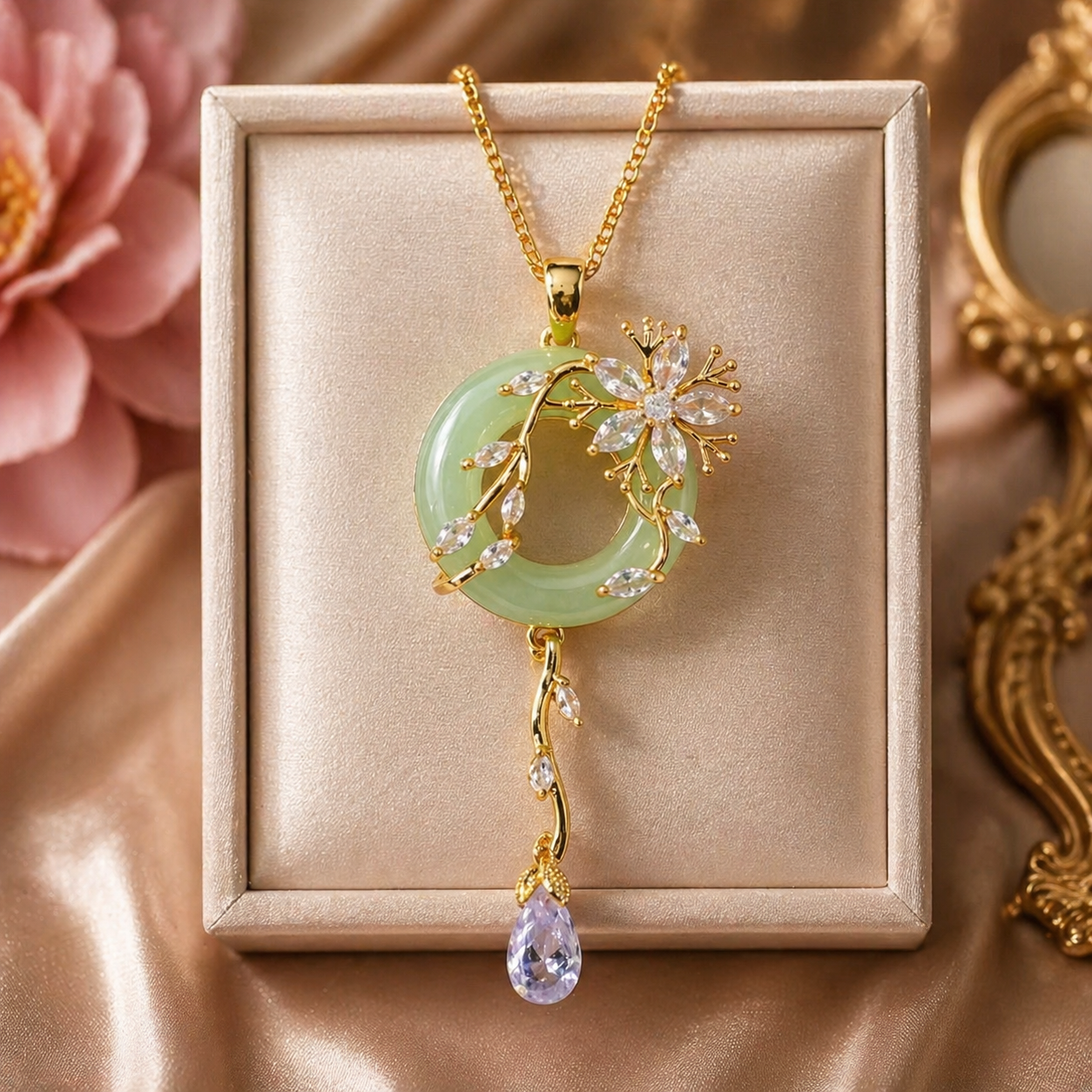 Stainless Steel Zircon Vine Flower Jade Necklace
