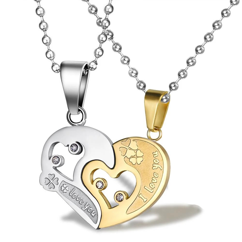 Stainless Steel “I Love You” Couples Distance Heart Necklace 2pc