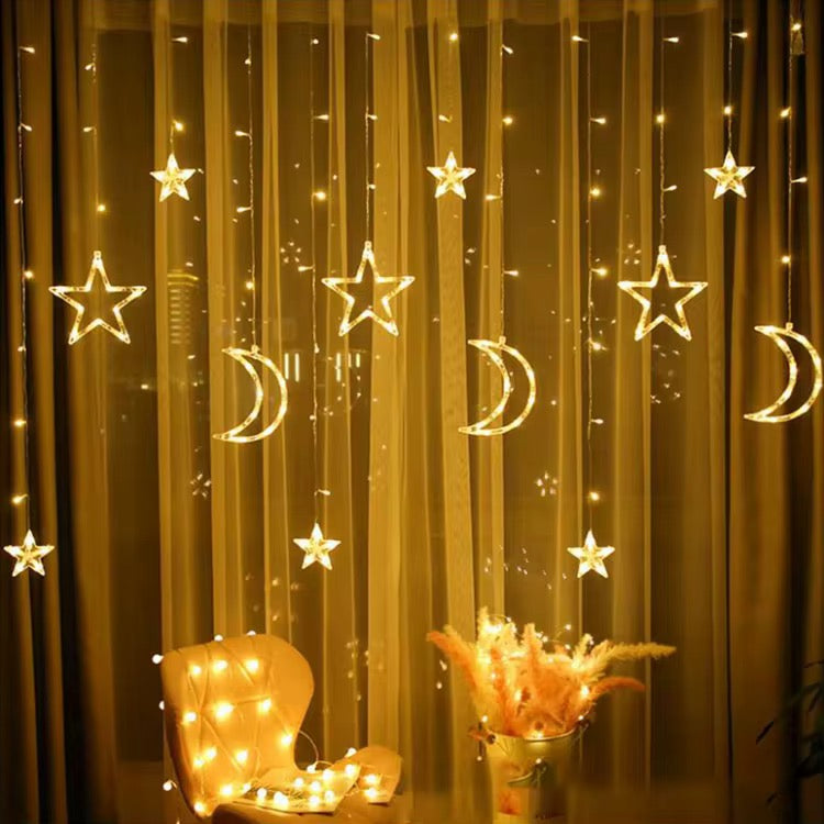 Islamic Cresent and Star Curtain LED String Lights + Remote (8 Modes)