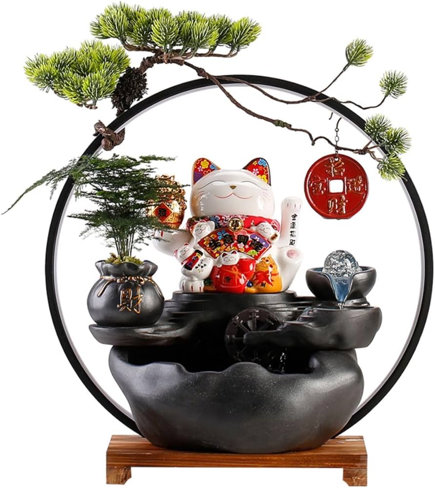 Lucky Cat Back-Flow Incense Holder & Waterfall Mist Maker With Ring Light Ornamental Set