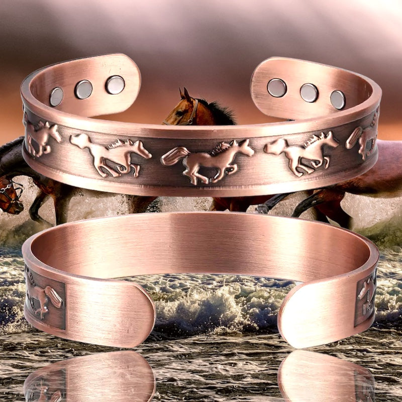 Adjustable Ultra Strength Pure Copper Magnetic Bracelet & Ring Set  (99.99% Copper) Embossed Running Horse Design