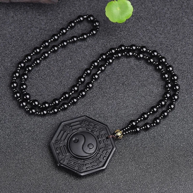 Yin & Yang Carved Natural Stone Obsidian Beaded Necklace