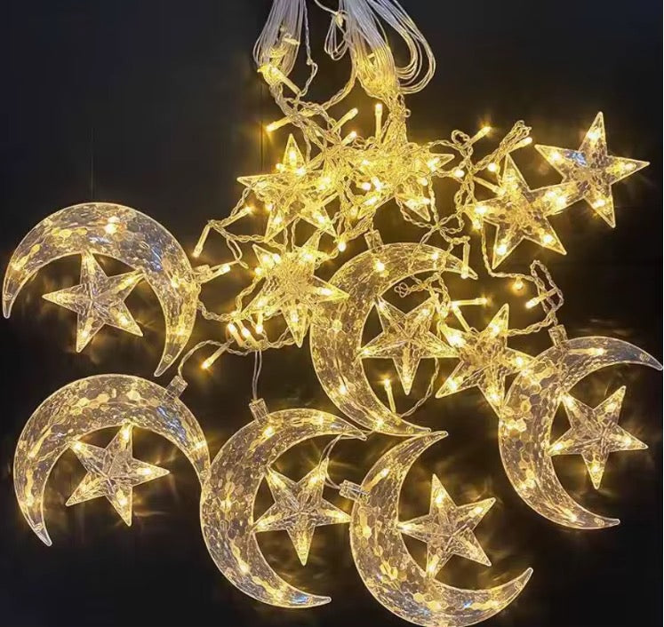 Decorative LED Curtain String Lights – Moon & Star Combined Design | RGB & Warm Yellow