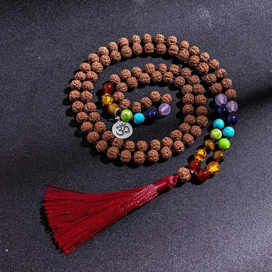 108 Beads Rudraksha 7 Chakra Mala Prayer Necklace + OM Charm